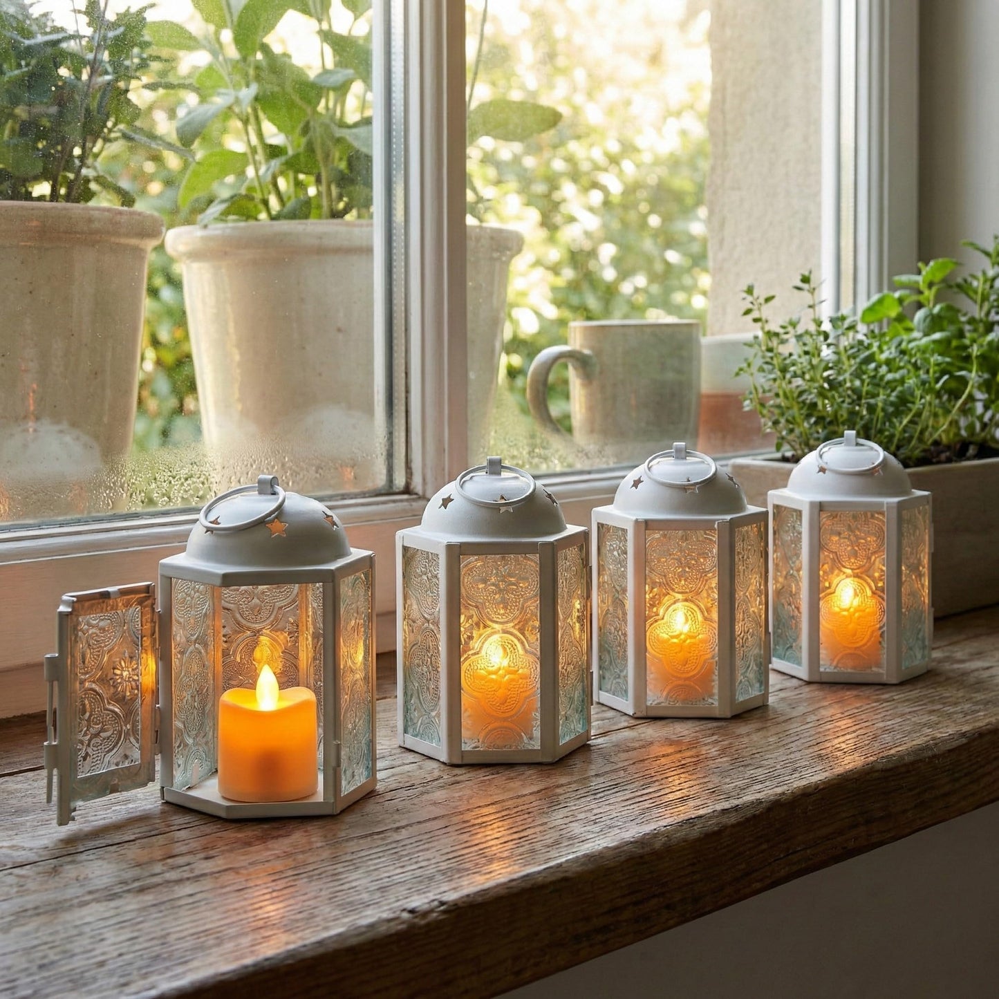 Mini Moroccan Tea Light Candle Holder Lanterns – 4.25" Small Decorative Lantern for Table or Hanging, Metal with Glass Panels – Ramadan, Wedding, Home Decor, Ma - Matte White 4 - PT07