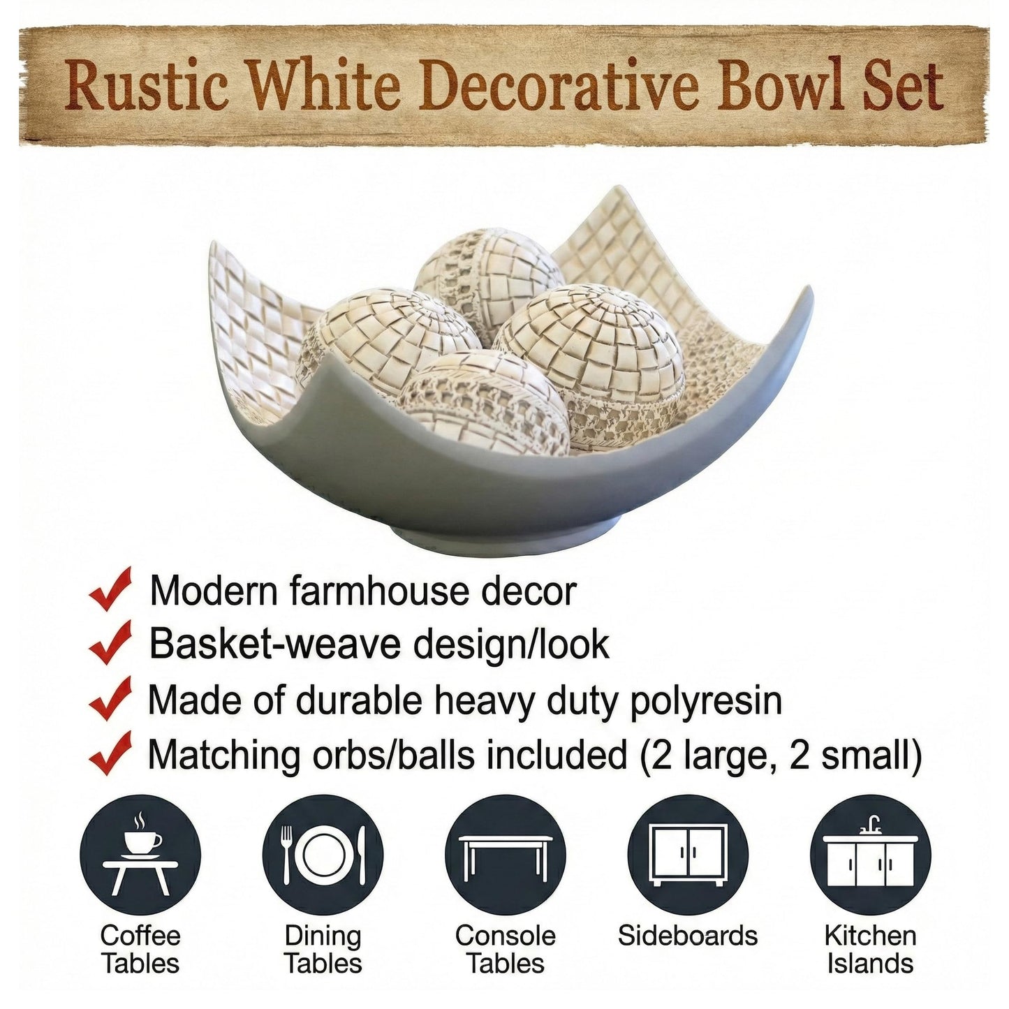 5pc Scoop Bowl Table Centerpieces for Dining Room, Large Decorative Bowls for Coffee Table Decor, Kitchen, Orbs/Balls Included, 14" diagonal. 11" wide and 5.75" - White 11 inches wide and 5.75 inches tall - PT01