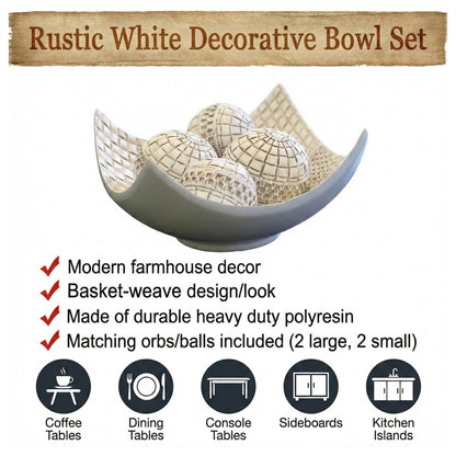 5pc Scoop Bowl Table Centerpieces for Dining Room, Large Decorative Bowls for Coffee Table Decor, Kitchen, Orbs/Balls Included, 14" diagonal. 11" wide and 5.75" - White 11 inches wide and 5.75 inches tall - PT01
