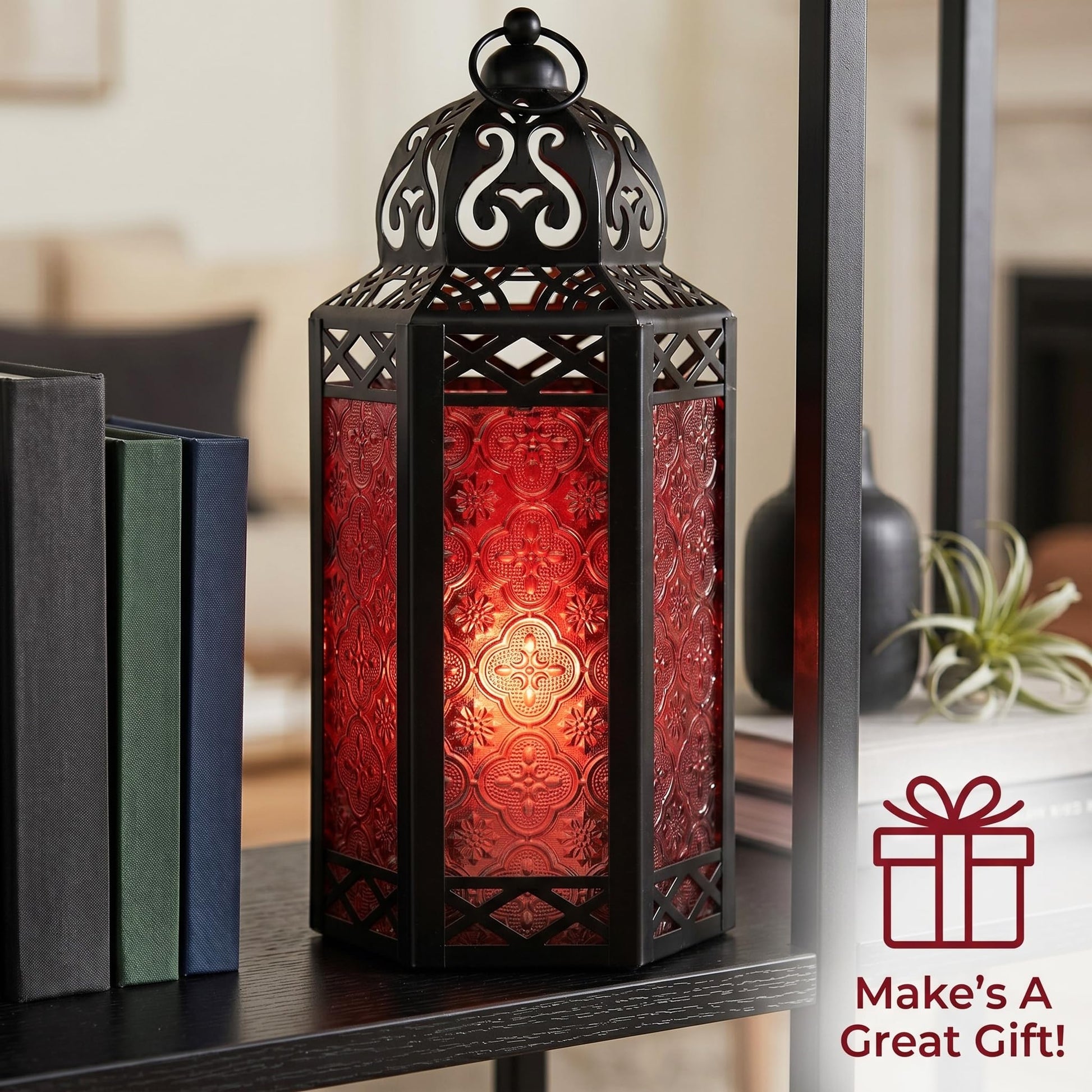 Black Metal Decorative Moroccan Lantern Candle Holder Lamp - Indoor/Outdoor, Home Decor, Patio, Weddings, Christmas - Red Large - PT05