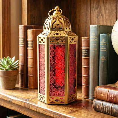 Gold Metal Decorative Moroccan Lantern Candle Holder Lamp - Indoor/Outdoor, Home Decor, Patio, Weddings, Christmas - Gold/Red Medium - PT06