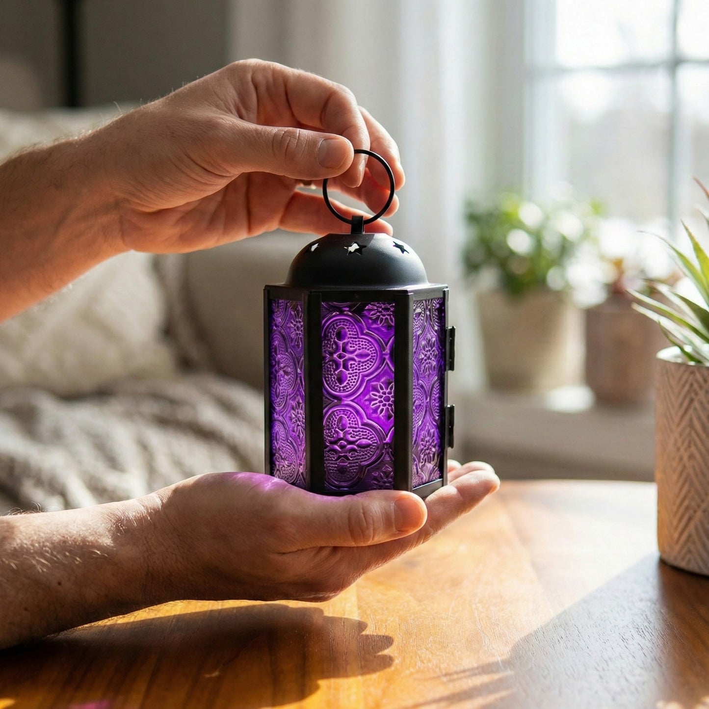 Mini Moroccan Tea Light Candle Holder Lanterns – 4.25" Small Decorative Lantern for Table or Hanging, Metal with Glass Panels – Ramadan, Wedding, Home Decor, Ro - Royal Purple 4 - PT05