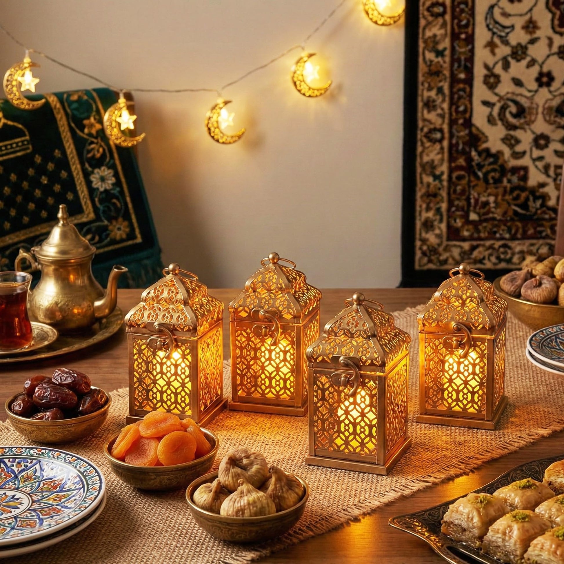 Mini Golden Tower Temple Moroccan Lantern Lamp Decorative Candle Holders for Ramadan Decorations, Hanging, Outdoor Patio or Porch, Indoor Home Decor, Set of 4 - Gold Mini - PT02
