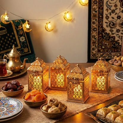 Mini Golden Tower Temple Moroccan Lantern Lamp Decorative Candle Holders for Ramadan Decorations, Hanging, Outdoor Patio or Porch, Indoor Home Decor, Set of 4 - Gold Mini - PT02