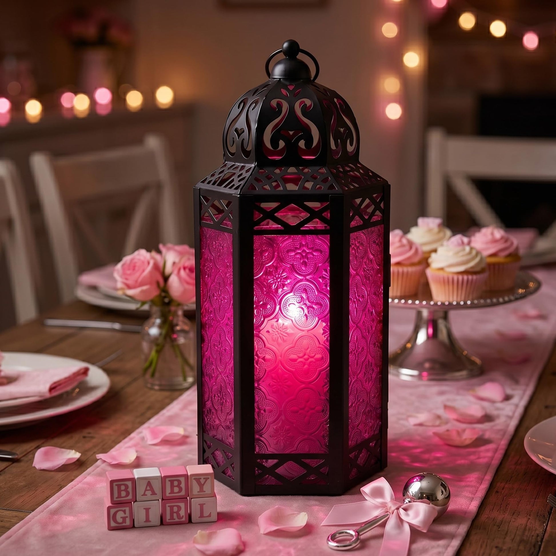 Black Metal Decorative Moroccan Lantern Candle Holder Lamp - Indoor/Outdoor, Home Decor, Patio, Weddings, Christmas - Pink Large - PT07
