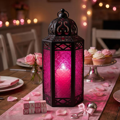Black Metal Decorative Moroccan Lantern Candle Holder Lamp - Indoor/Outdoor, Home Decor, Patio, Weddings, Christmas - Pink Large - PT07