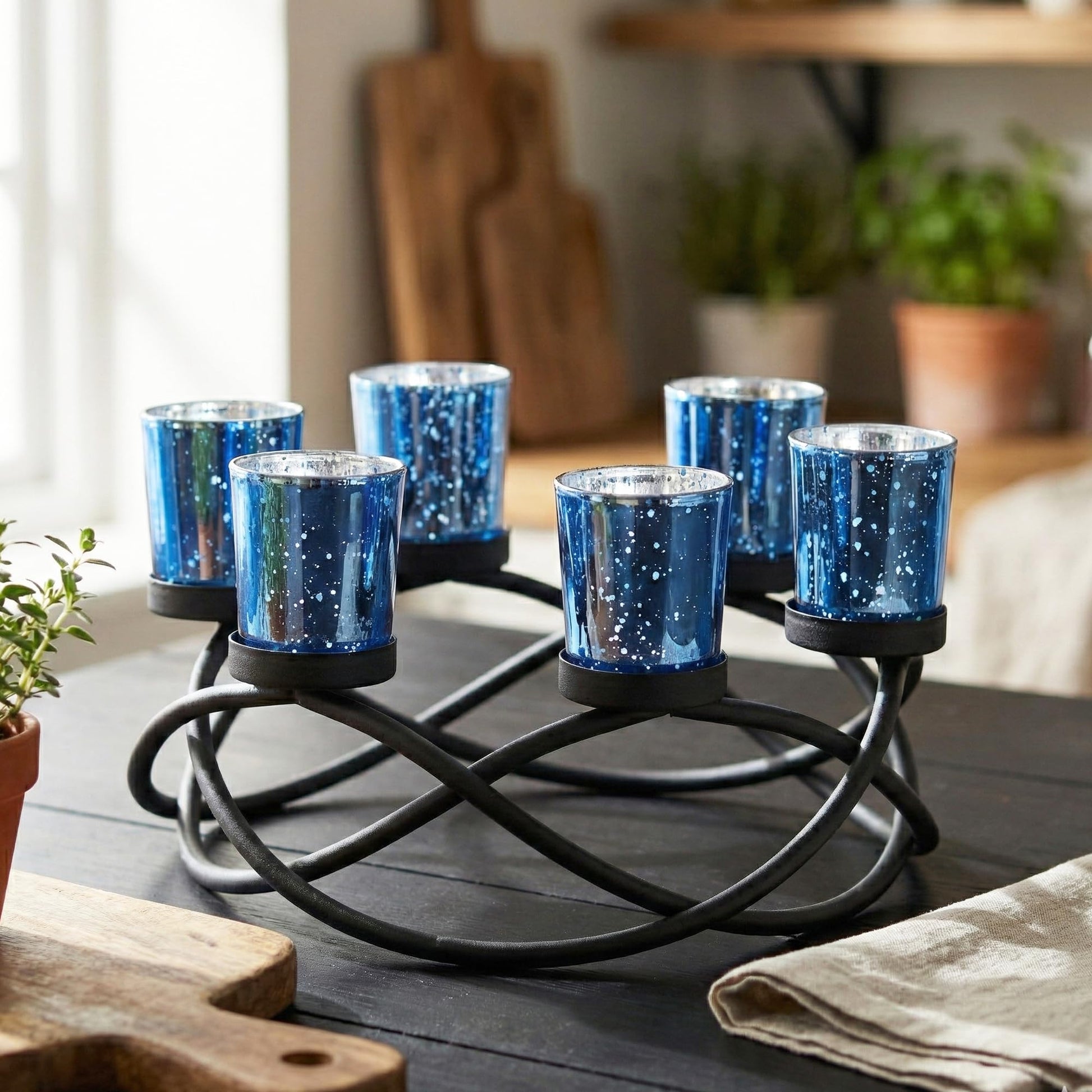 Iron Round Table Decor Centerpiece Decorations Candle Holder for Weddings, Outdoor Patio, Kitchen, Dining Room, and Coffee Tables, Glass Votive Tealight Holders - Black/Blue circular - MAIN