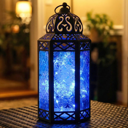 Metal Moroccan Decorative LED Fairy Lights Candle Lantern Holders for Indoor Home Fantasy Decor, Table Centerpieces, Outdoor Patio or Porch, Weddings, Medium - Blue Large - MAIN