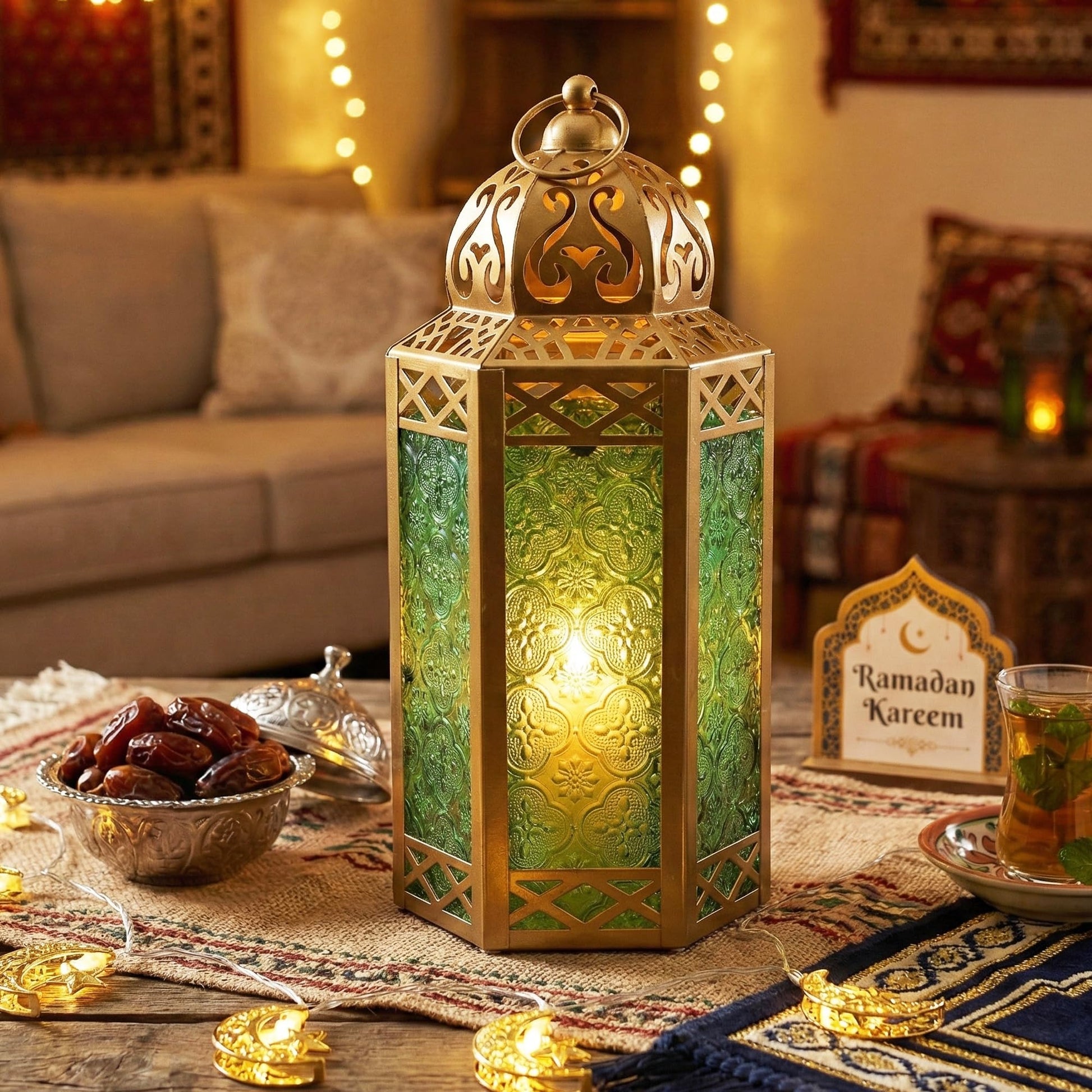 Gold Metal Decorative Moroccan Lantern Candle Holder Lamp - Indoor/Outdoor, Home Decor, Patio, Weddings, Christmas - Gold/Green Large - PT05