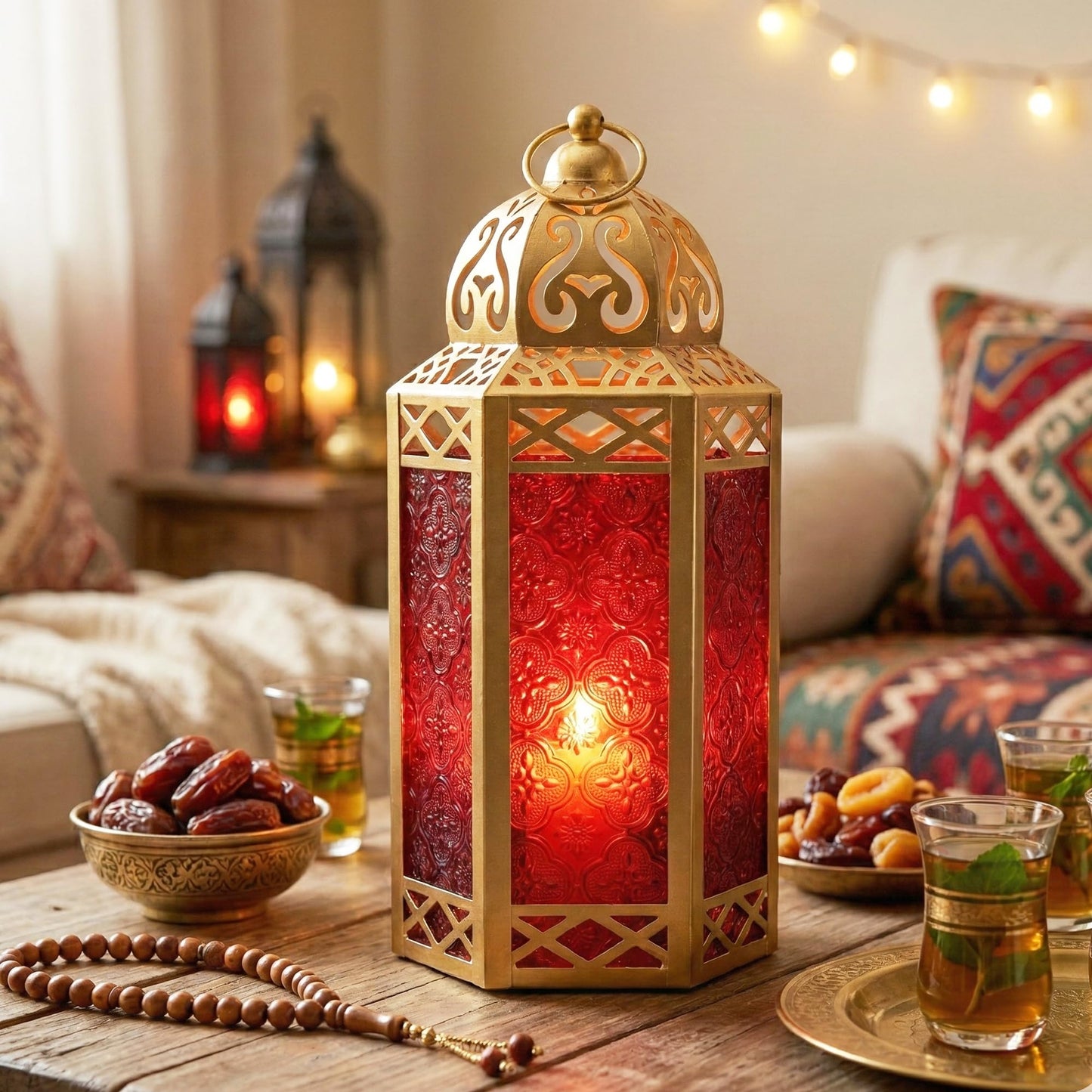 Gold Metal Decorative Moroccan Lantern Candle Holder Lamp - Indoor/Outdoor, Home Decor, Patio, Weddings, Christmas - Gold/Red Large - PT08