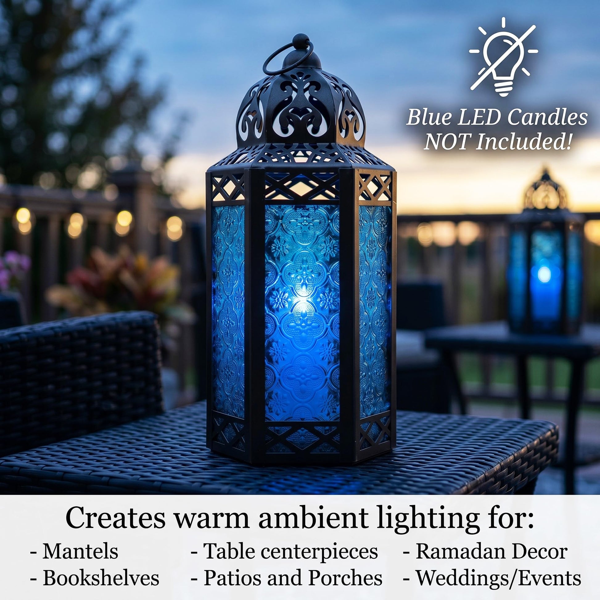 Black Metal Decorative Moroccan Lantern Candle Holder Lamp - Indoor/Outdoor, Home Decor, Patio, Weddings, Christmas - Blue Large - PT04