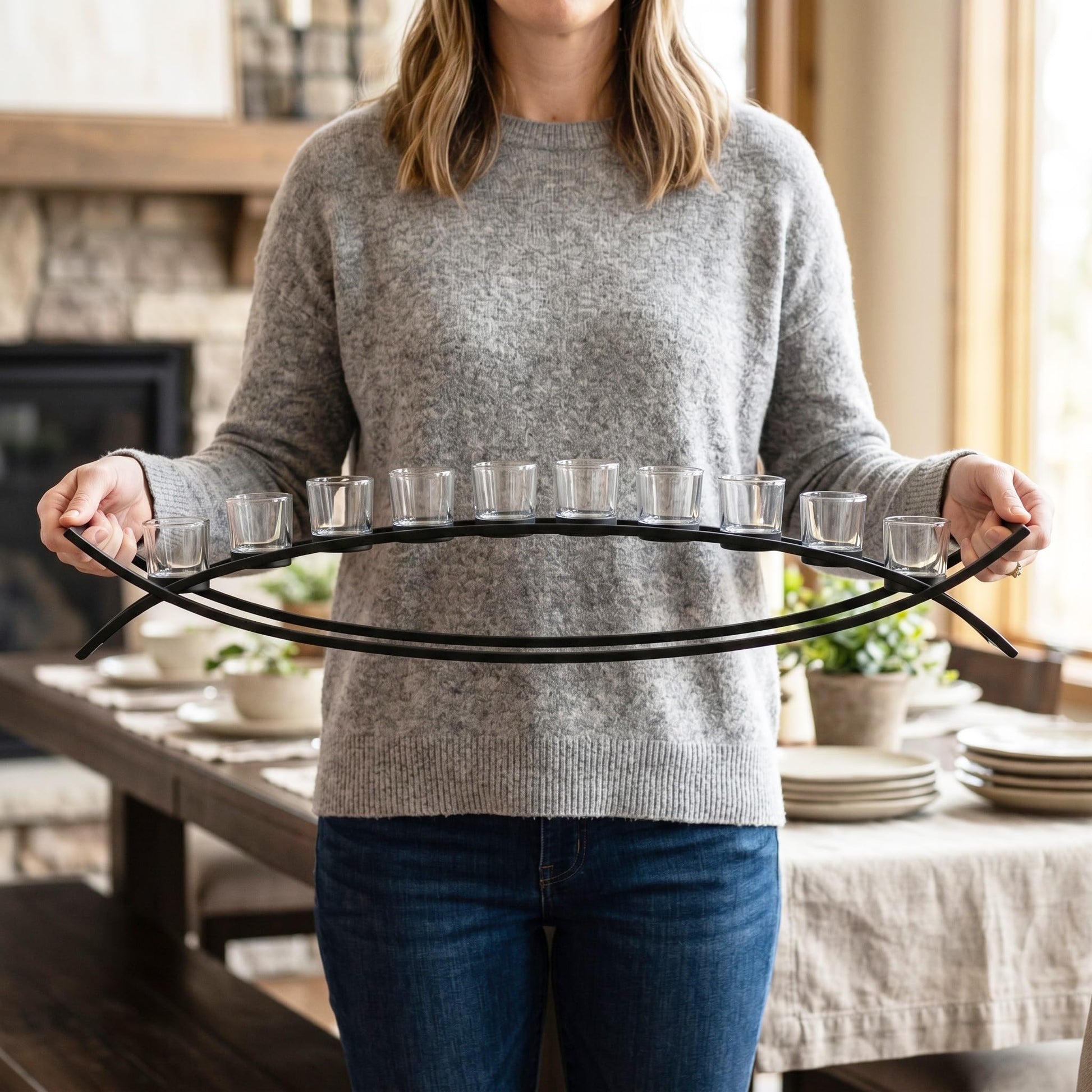 36" Extra Long Iron Arch Table Centerpiece Decorations Long Candle Holder for Mantels, Patio, Kitchen, Dining Room, and Coffee Tables, Black, Clear Chunky 10 Cu - Black/Clear 10 Cup - PT02