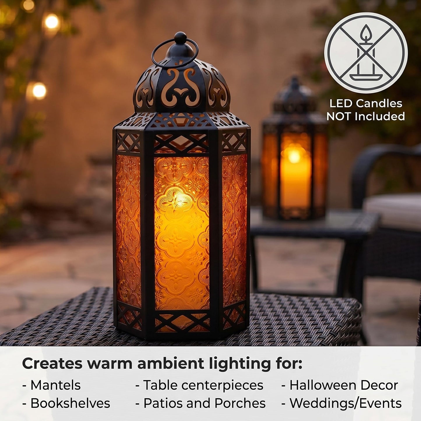 Black Metal Decorative Moroccan Lantern Candle Holder Lamp - Indoor/Outdoor, Home Decor, Patio, Weddings, Christmas - Amber Large - PT03