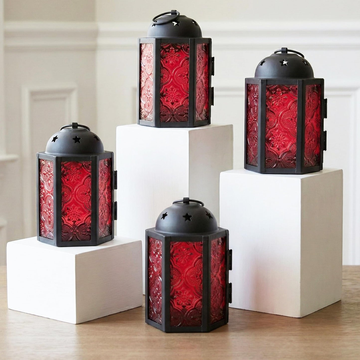 Mini Moroccan Tea Light Candle Holder Lanterns – 4.25" Small Decorative Lantern for Table or Hanging, Metal with Glass Panels – Ramadan, Wedding, Home Decor, Ru - Ruby Red 4 - MAIN