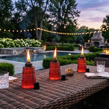 Citronella Table Top Torches for Outdoor Patio, 16oz Decorative Glass Torch Citronella Candles for Outside Deck, Garden, Parties, Set of 3, Red - Red - PT08