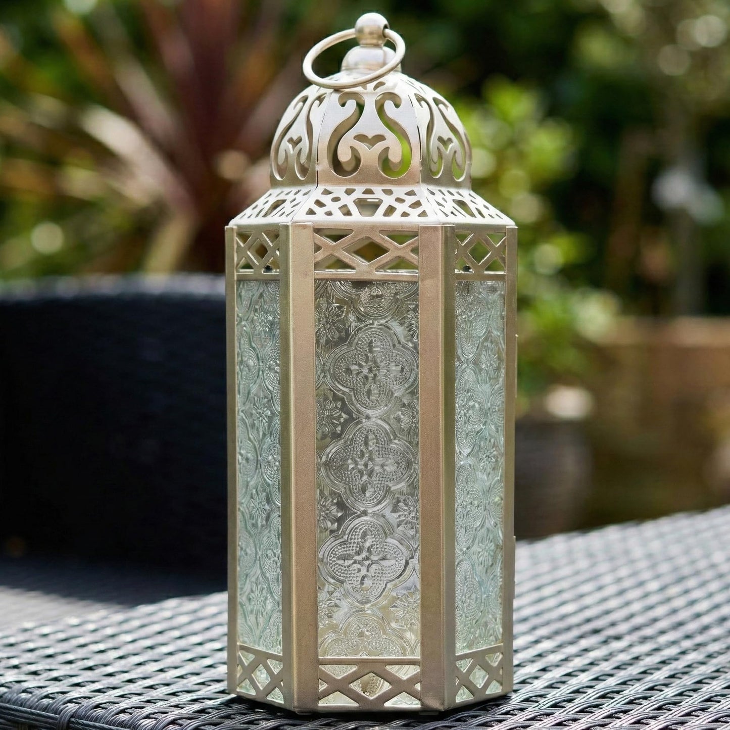 Black Metal Decorative Moroccan Lantern Candle Holder Lamp - Indoor/Outdoor, Home Decor, Patio, Weddings, Christmas - White Gold Medium - PT05