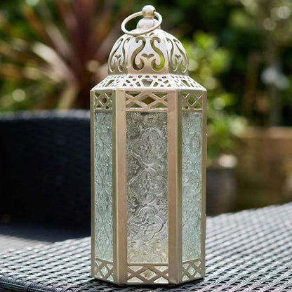 Black Metal Decorative Moroccan Lantern Candle Holder Lamp - Indoor/Outdoor, Home Decor, Patio, Weddings, Christmas - White Gold Medium - PT05