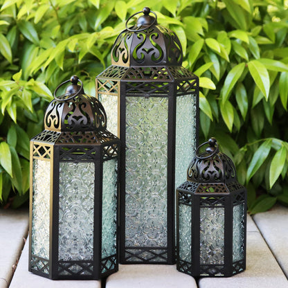 Set of 3 Clear Glass & Black Metal Moroccan Candle Lantern Holders (XL, Large, Small) - Decorative Indoor/Outdoor Decor for Patio, Floor, Weddings & Ramadan - Clear XL-LAR-SM - PT03