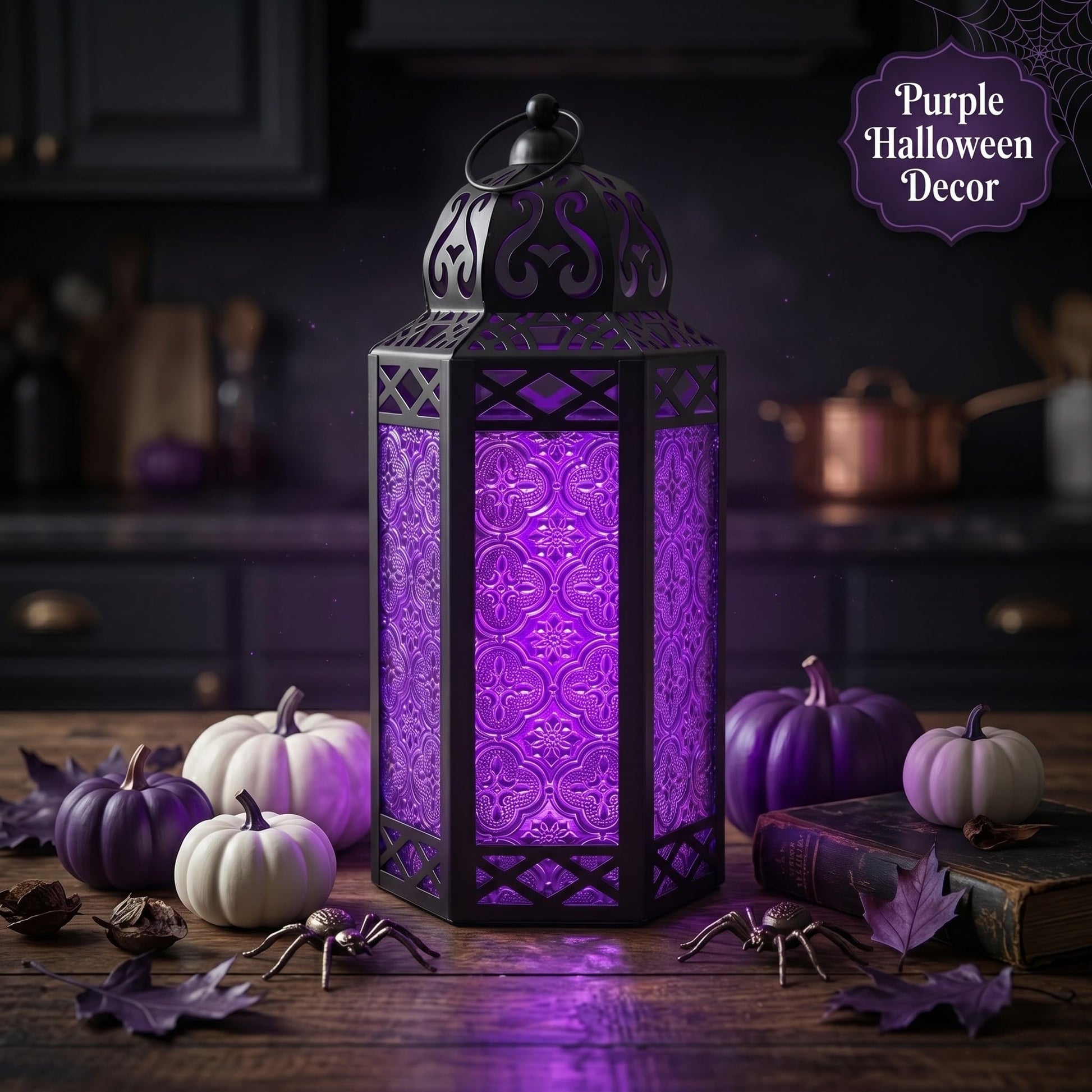 Black Metal Decorative Moroccan Lantern Candle Holder Lamp - Indoor/Outdoor, Home Decor, Patio, Weddings, Christmas - Purple Large - PT07