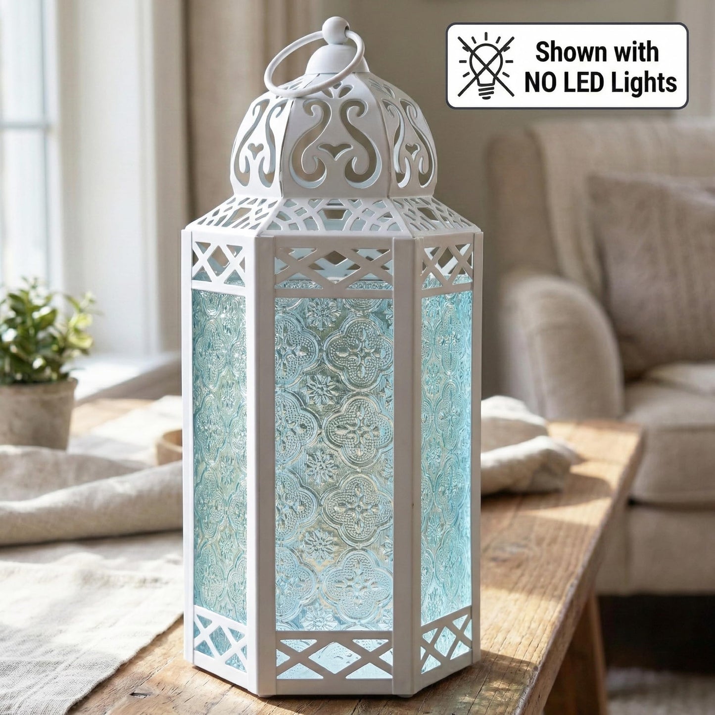 Metal Moroccan Decorative LED Fairy Lights Candle Lantern Holders for Indoor Home Fantasy Decor, Table Centerpieces, Outdoor Patio or Porch, Weddings, Medium - White Large - PT08