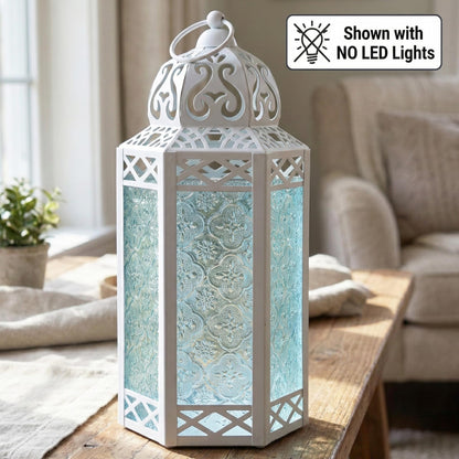 Metal Moroccan Decorative LED Fairy Lights Candle Lantern Holders for Indoor Home Fantasy Decor, Table Centerpieces, Outdoor Patio or Porch, Weddings, Medium - White Large - PT08