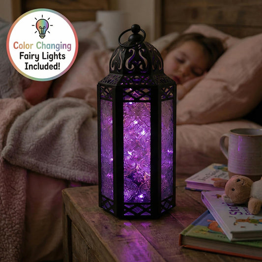 Metal Moroccan Decorative LED Fairy Lights Candle Lantern Holders for Indoor Home Fantasy Decor, Table Centerpieces, Outdoor Patio or Porch, Weddings, Medium - Multicolor Medium - PT01