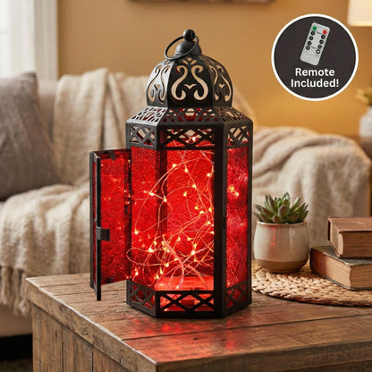Metal Moroccan Decorative LED Fairy Lights Candle Lantern Holders for Indoor Home Fantasy Decor, Table Centerpieces, Outdoor Patio or Porch, Weddings, Medium - Red Large - PT05