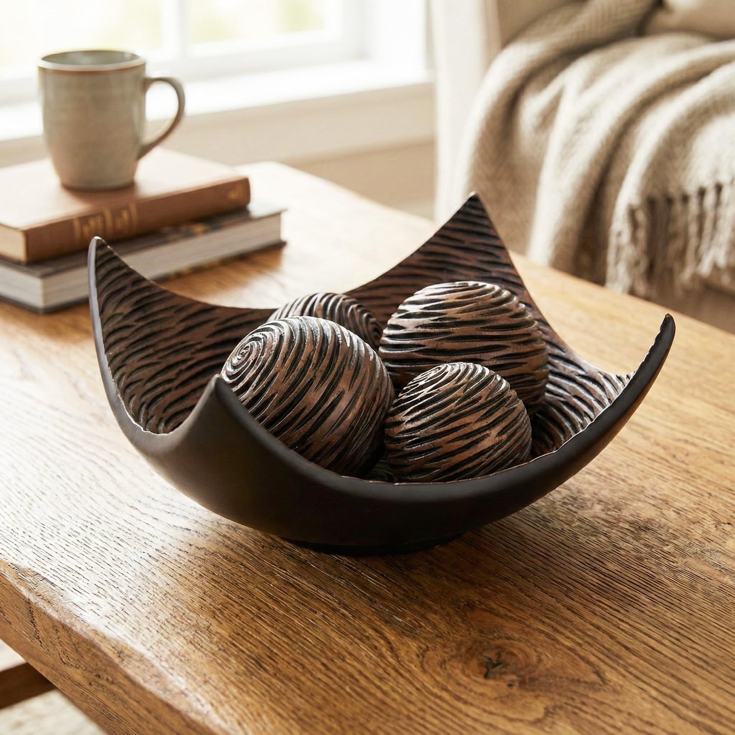 5pc Large Decorative Scoop Bowl Set with Stylish Orbs/Balls – Elegant Centerpiece for Dining/Kitchen Table, Living Room, or Office Decor, 14" diagonal. 11" wide - Brown 14 inches - PT08