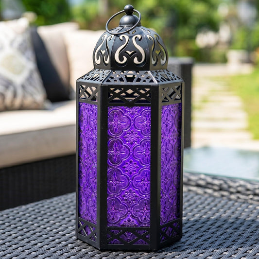 Black Metal Decorative Moroccan Lantern Candle Holder Lamp - Indoor/Outdoor, Home Decor, Patio, Weddings, Christmas - Purple Large - PT01