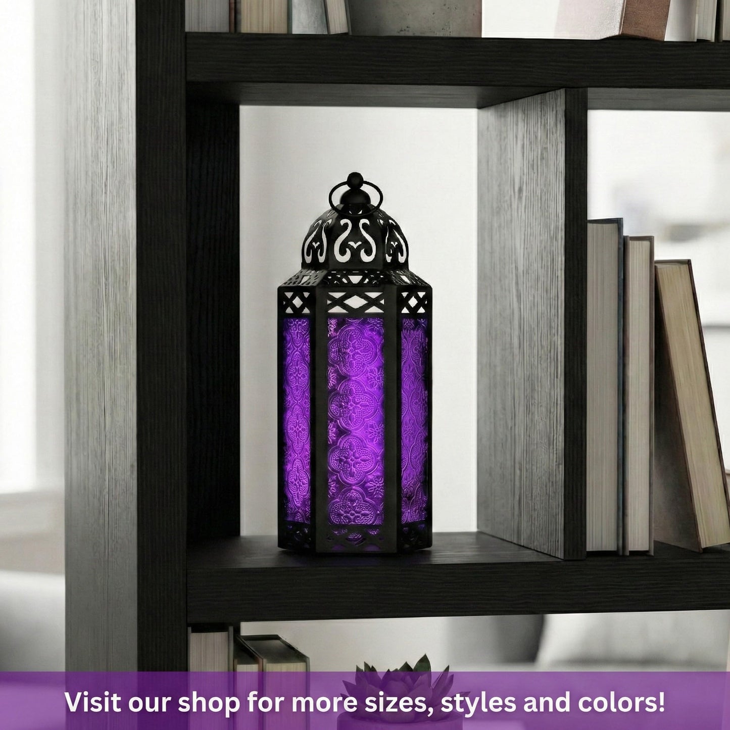 Black Metal Decorative Moroccan Lantern Candle Holder Lamp - Indoor/Outdoor, Home Decor, Patio, Weddings, Christmas - Purple Medium - PT03