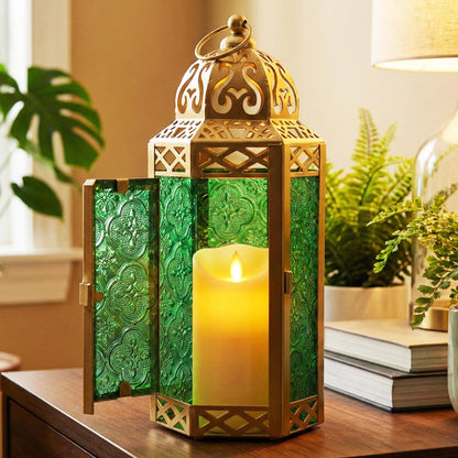Gold Metal Decorative Moroccan Lantern Candle Holder Lamp - Indoor/Outdoor, Home Decor, Patio, Weddings, Christmas - Gold/Green Medium - PT05