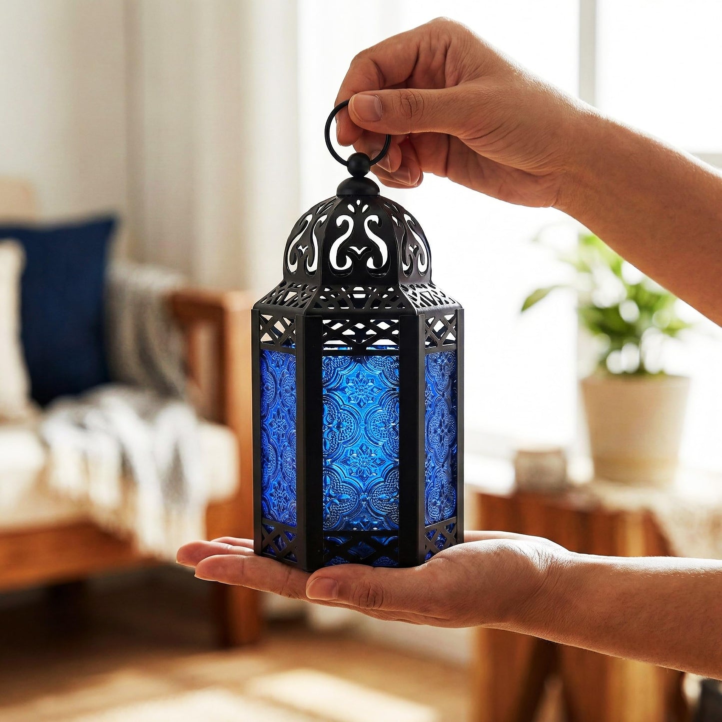 Black Metal Decorative Moroccan Lantern Candle Holder Lamp - Indoor/Outdoor, Home Decor, Patio, Weddings, Christmas - Cobalt Small - PT06