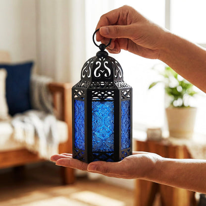 Black Metal Decorative Moroccan Lantern Candle Holder Lamp - Indoor/Outdoor, Home Decor, Patio, Weddings, Christmas - Cobalt Small - PT06