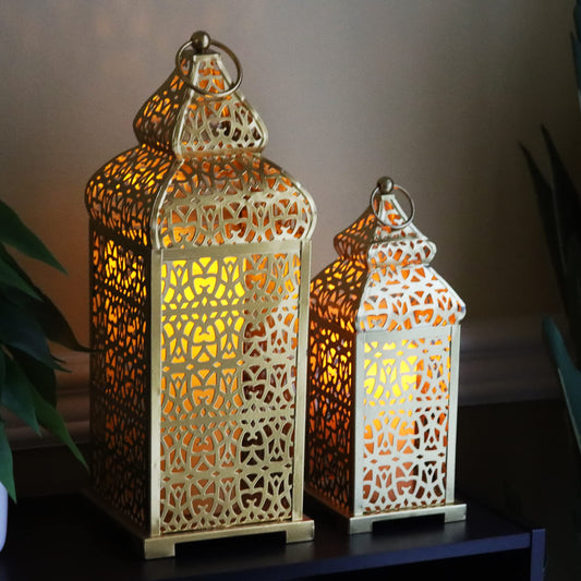Golden Temple Moroccan Lantern Lamp Decorative Candle Holders for Ramadan Decorations, Hanging, Outdoor Patio or Porch, Indoor Home Decor, Gold, Set of 2 (11" a - Gold 11" and 15" - MAIN