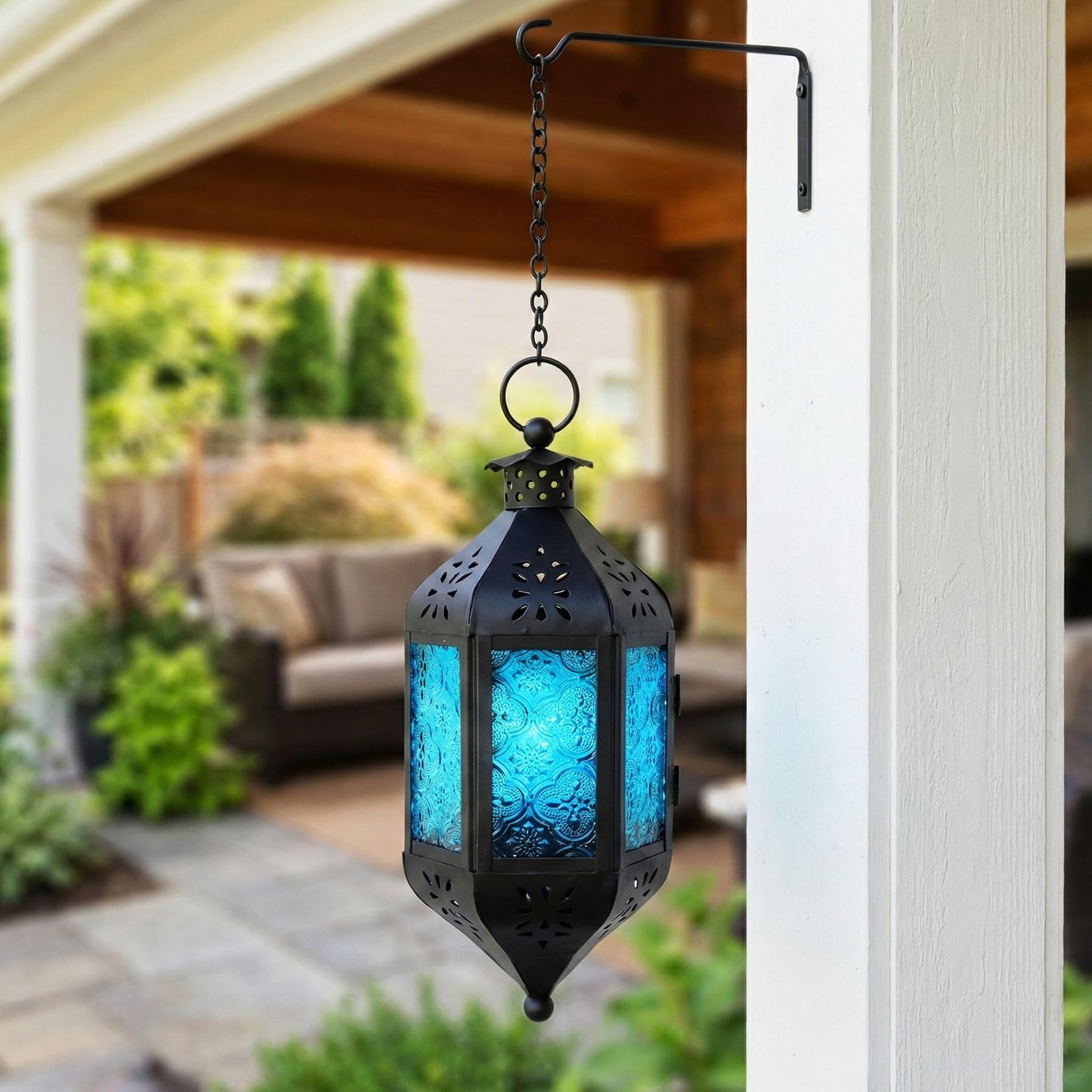 Hanging Moroccan Decorative Candle Lantern Holders for Outdoor Décor - Aqua Blue Hanging - PT07
