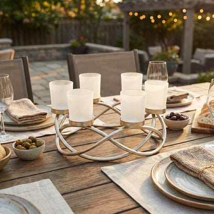 Iron Round Table Decor Centerpiece Decorations Candle Holder for Weddings, Outdoor Patio, Kitchen, Dining Room, and Coffee Tables, Glass Votive Tealight Holders - Gold/Frosted 6-Cup - PT02