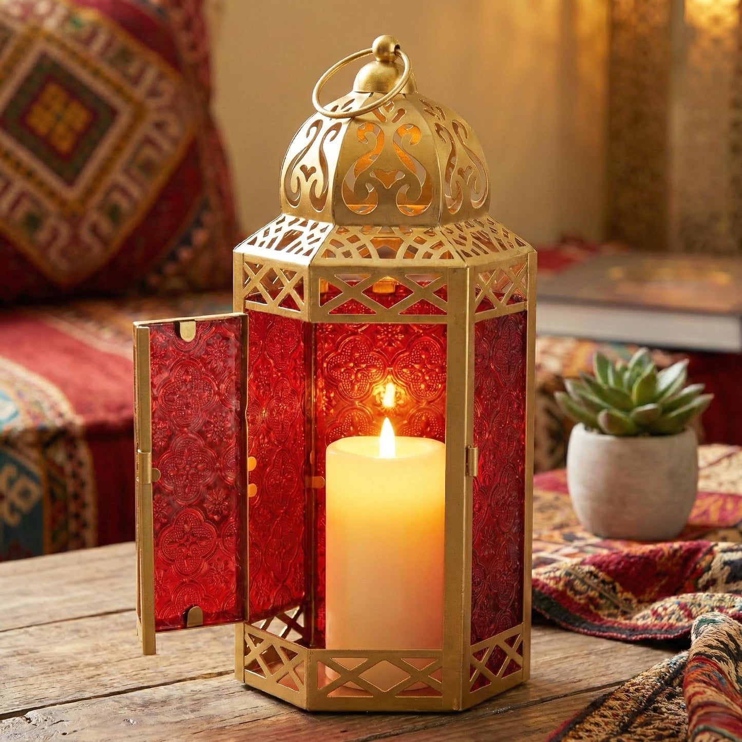 Gold Metal Decorative Moroccan Lantern Candle Holder Lamp - Indoor/Outdoor, Home Decor, Patio, Weddings, Christmas - Gold/Red Large - PT06