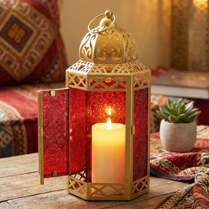 Gold Metal Decorative Moroccan Lantern Candle Holder Lamp - Indoor/Outdoor, Home Decor, Patio, Weddings, Christmas - Gold/Red Large - PT06