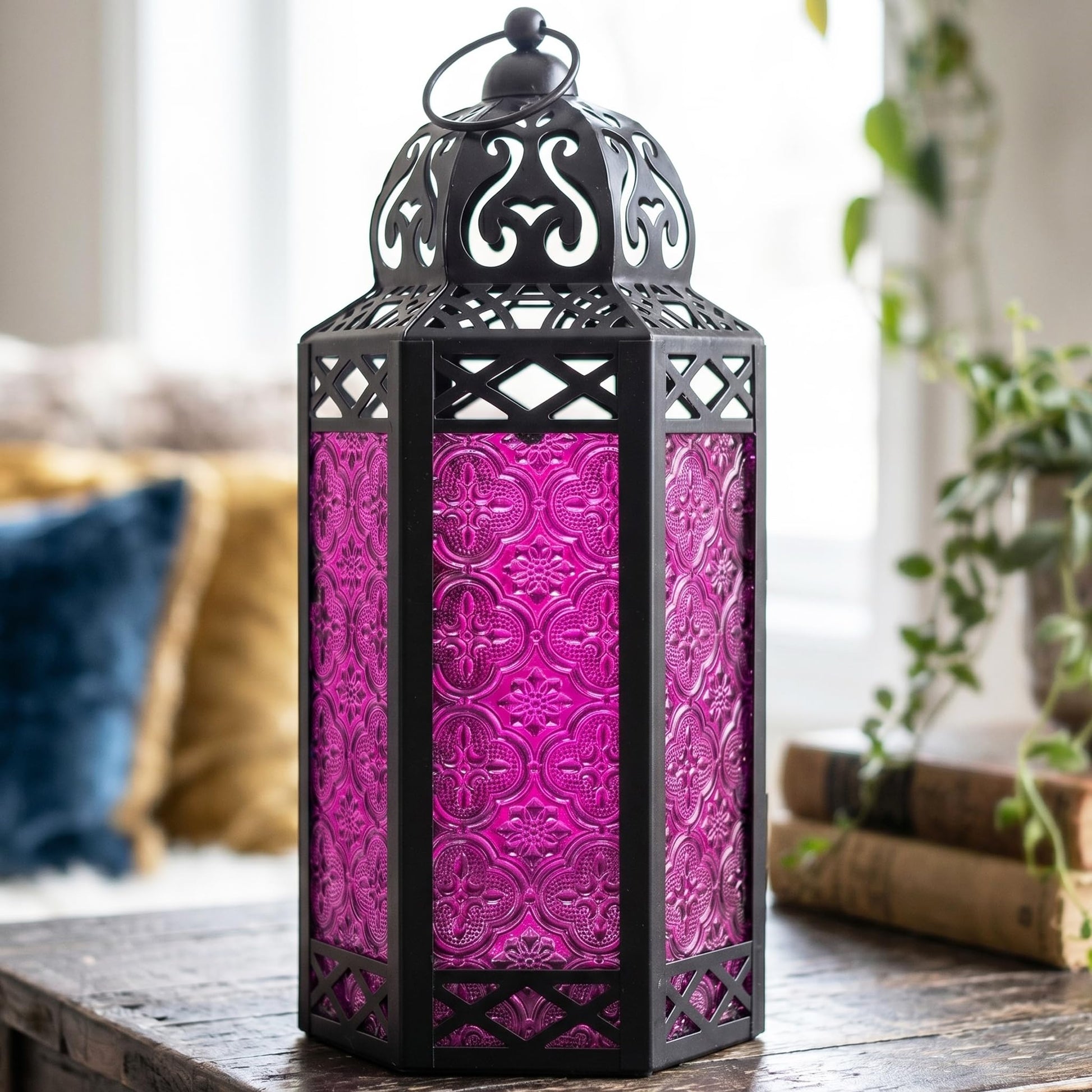Black Metal Decorative Moroccan Lantern Candle Holder Lamp - Indoor/Outdoor, Home Decor, Patio, Weddings, Christmas - Pink Large - PT08