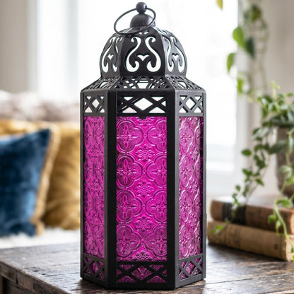 Black Metal Decorative Moroccan Lantern Candle Holder Lamp - Indoor/Outdoor, Home Decor, Patio, Weddings, Christmas - Pink Large - PT08