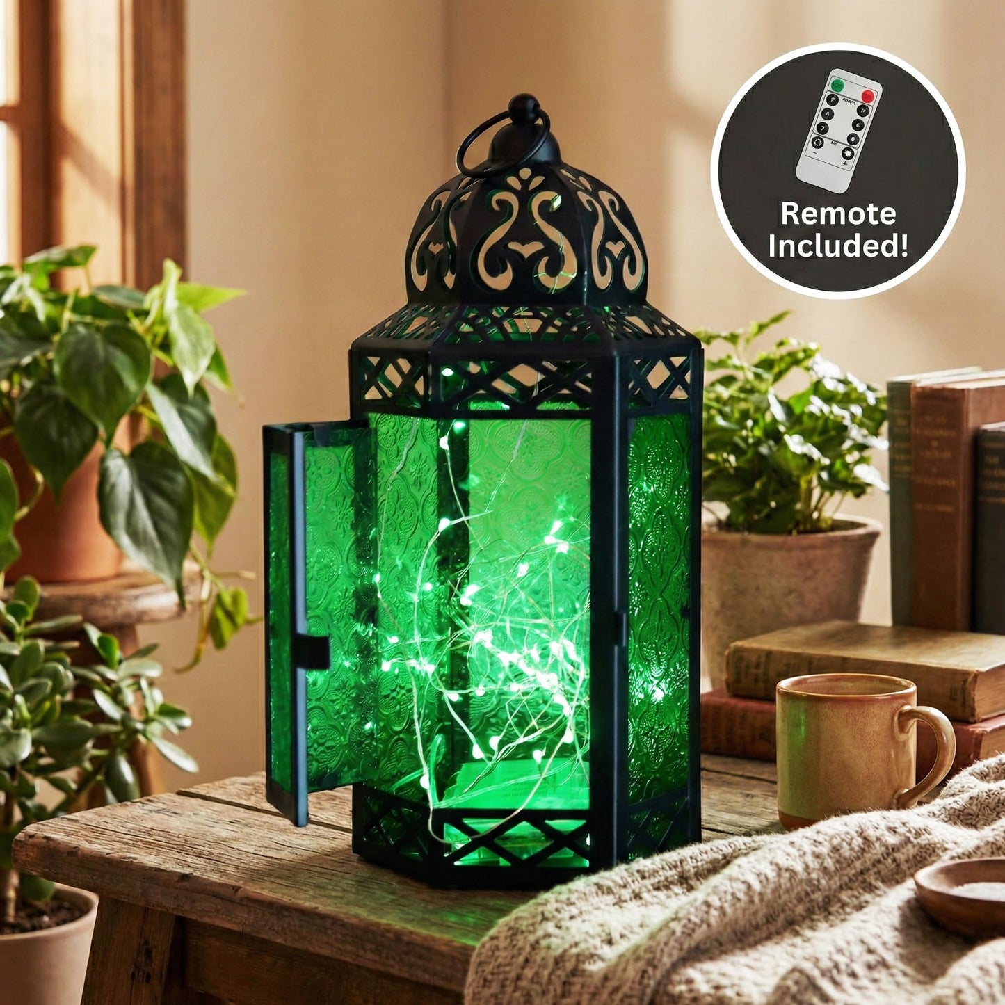 Metal Moroccan Decorative LED Fairy Lights Candle Lantern Holders for Indoor Home Fantasy Decor, Table Centerpieces, Outdoor Patio or Porch, Weddings, Medium - Green Large - PT05