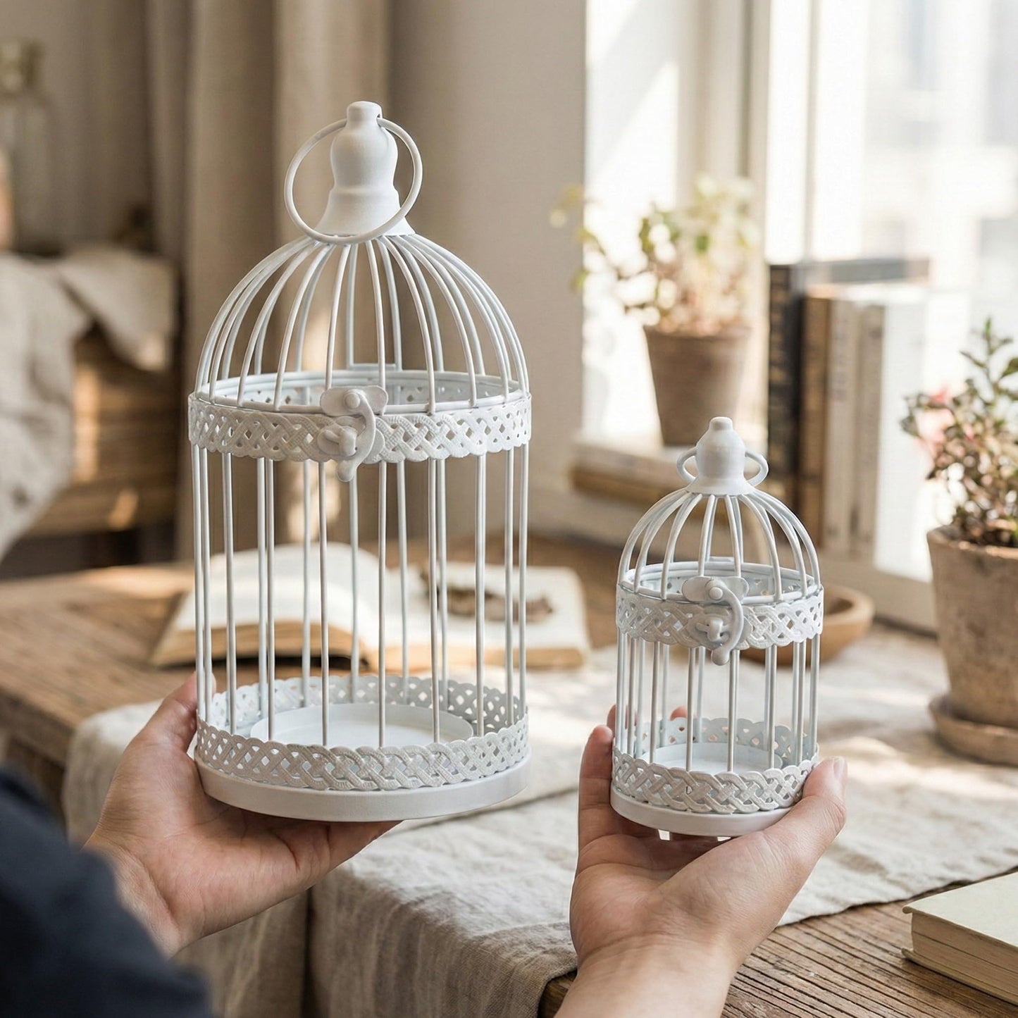 Birdcage Candle Lantern Set - White Large and Small - PT03