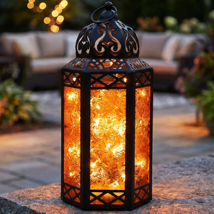 Metal Moroccan Decorative LED Fairy Lights Candle Lantern Holders for Indoor Home Fantasy Decor, Table Centerpieces, Outdoor Patio or Porch, Weddings, Medium - Amber Large - MAIN