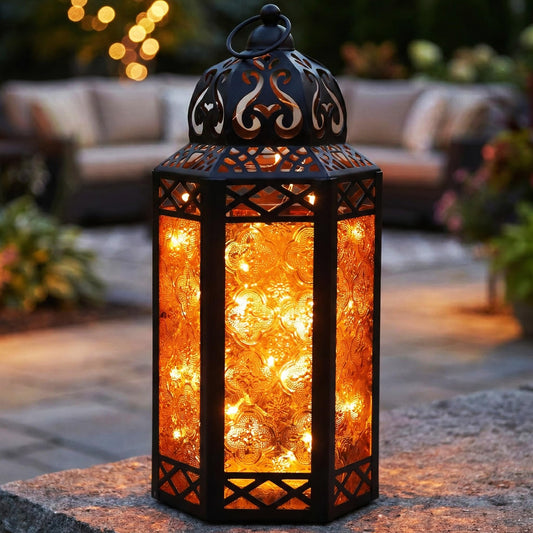 Metal Moroccan Decorative LED Fairy Lights Candle Lantern Holders for Indoor Home Fantasy Decor, Table Centerpieces, Outdoor Patio or Porch, Weddings, Medium - Amber Large - MAIN