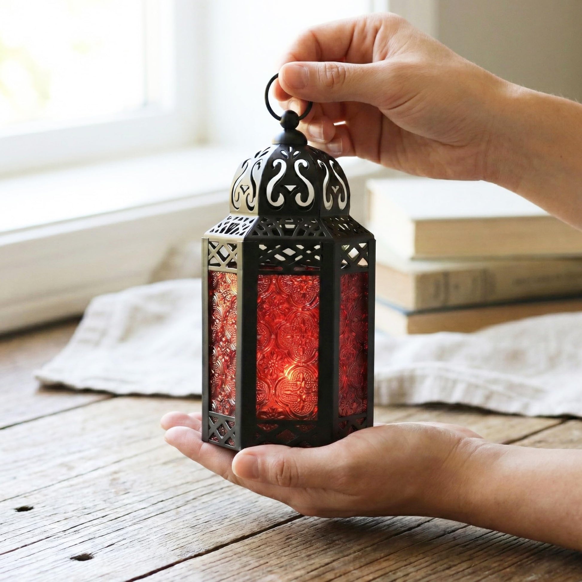 Black Metal Decorative Moroccan Lantern Candle Holder Lamp - Indoor/Outdoor, Home Decor, Patio, Weddings, Christmas - Red Small - PT06