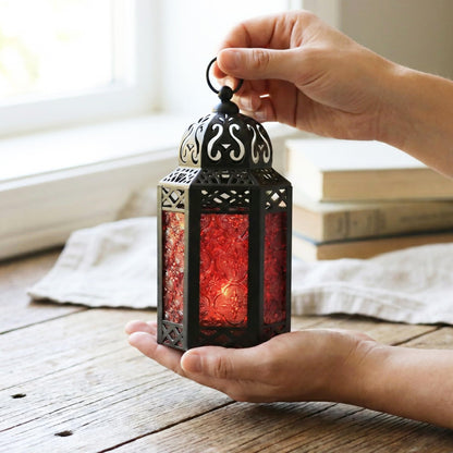 Black Metal Decorative Moroccan Lantern Candle Holder Lamp - Indoor/Outdoor, Home Decor, Patio, Weddings, Christmas - Red Small - PT06