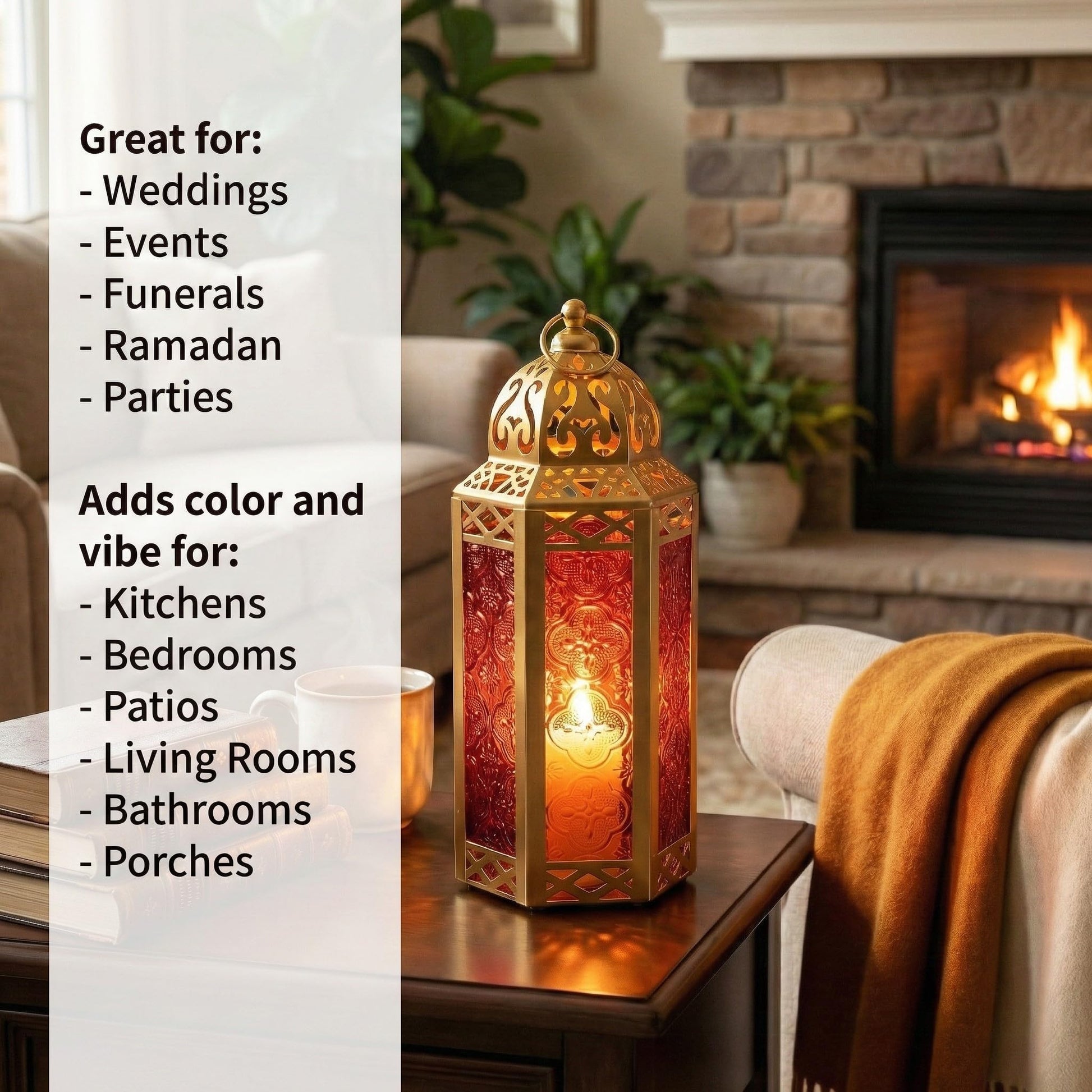 Gold Metal Decorative Moroccan Lantern Candle Holder Lamp - Indoor/Outdoor, Home Decor, Patio, Weddings, Christmas - Gold/Red Medium - PT01