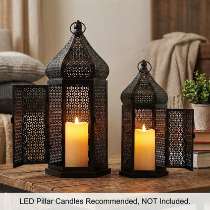 Tower Temple Moroccan Lantern Lamp Decorative Candle Holders - Black Set of 2 - PT02