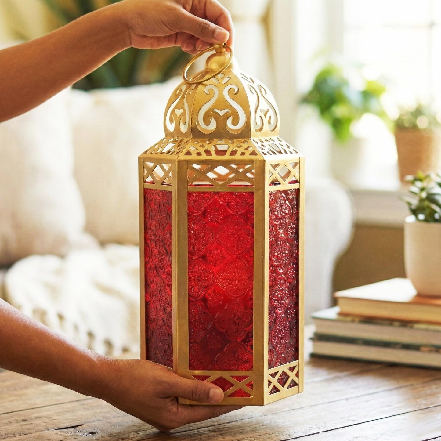 Gold Metal Decorative Moroccan Lantern Candle Holder Lamp - Indoor/Outdoor, Home Decor, Patio, Weddings, Christmas - Gold/Red Large - PT05