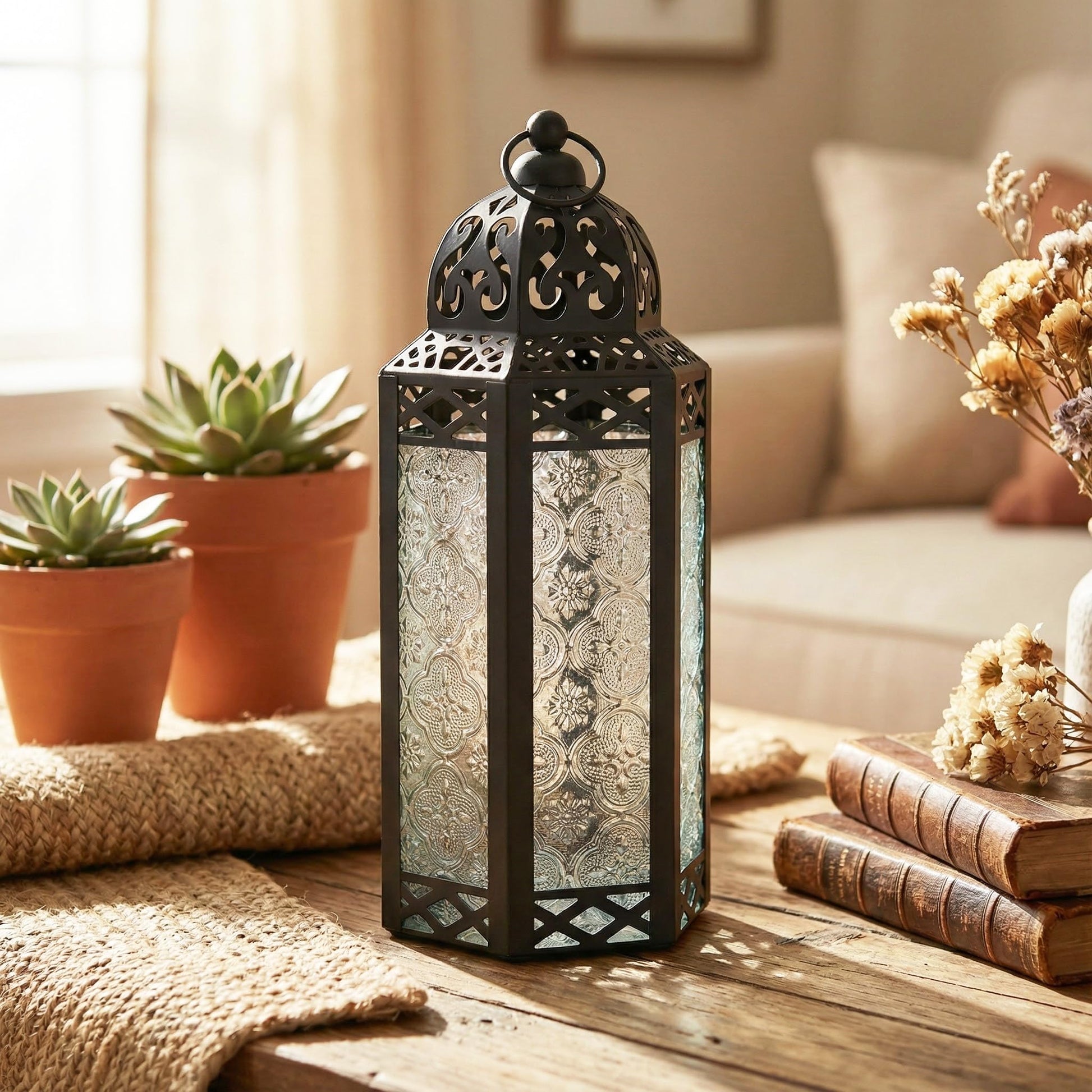 Metal Moroccan Decorative LED Fairy Lights Candle Lantern Holders for Indoor Home Fantasy Decor, Table Centerpieces, Outdoor Patio or Porch, Weddings, Medium - Clear Medium - PT03
